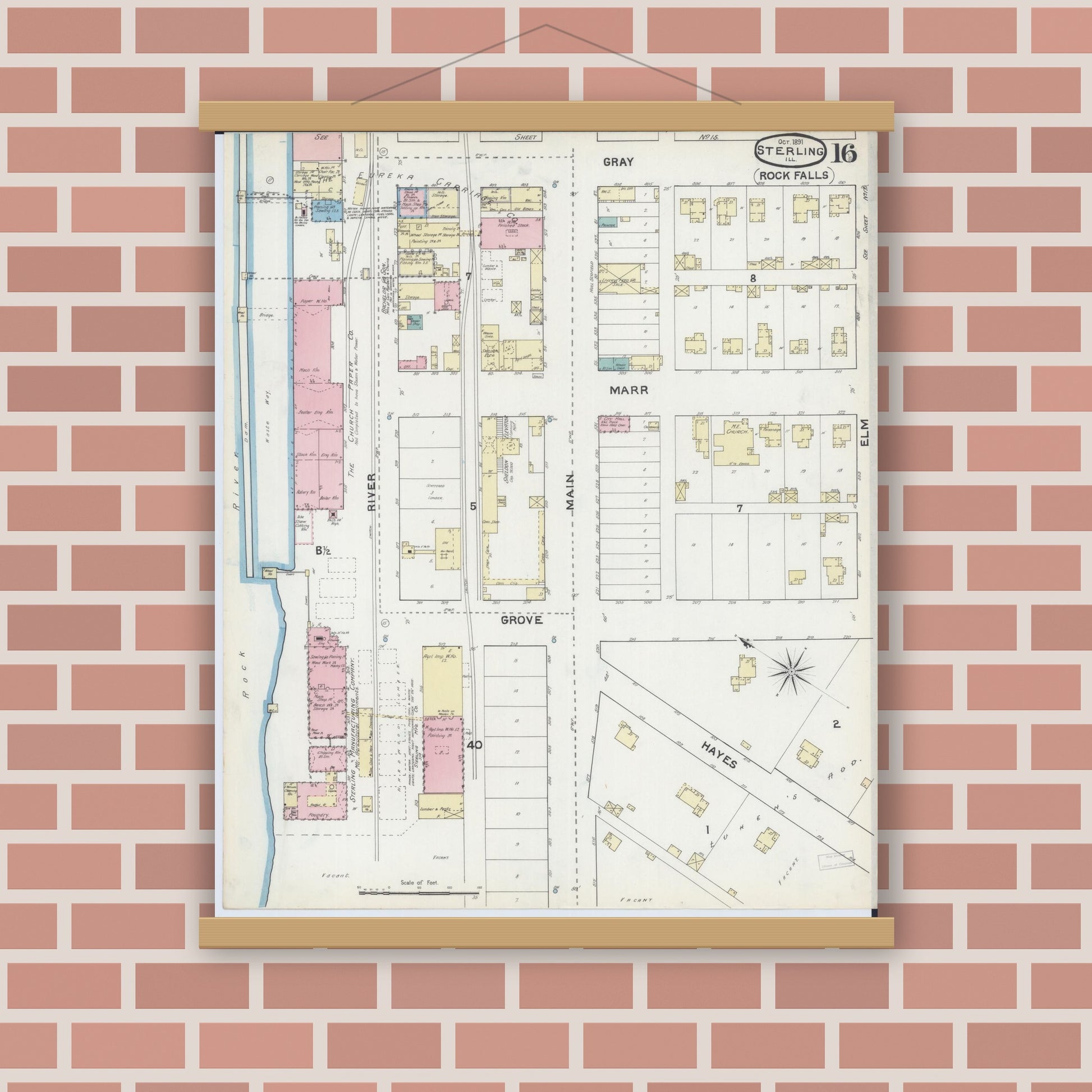 Old map wall art mockup — magnetic wood frame on brick wall — Sanborn Fire Insurance Map from Sterling, Whiteside County, Illinois (1891), Sheet #0016