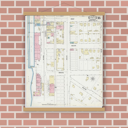 Old map wall art mockup — magnetic wood frame on brick wall — Sanborn Fire Insurance Map from Sterling, Whiteside County, Illinois (1891), Sheet #0016