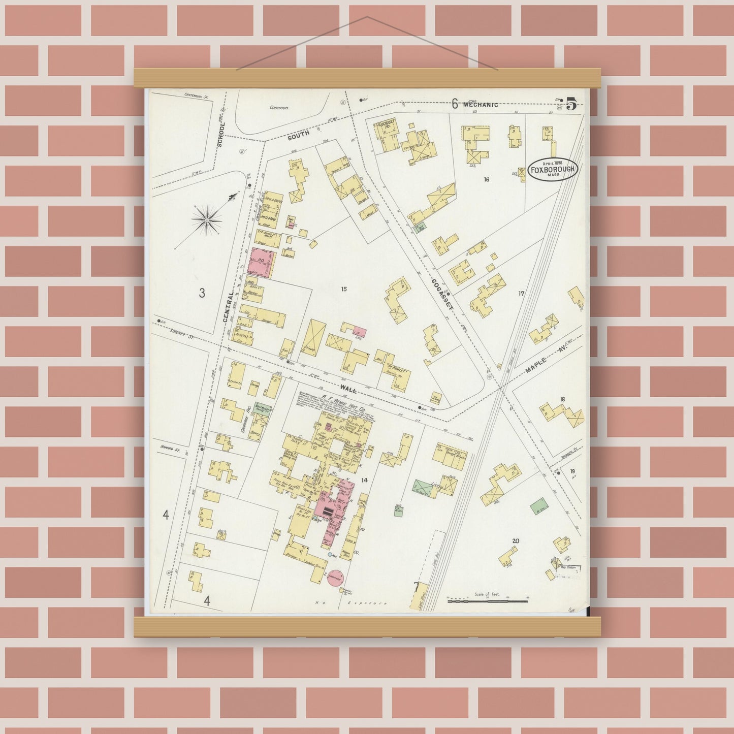 Old map wall art mockup — magnetic wood frame on brick wall — Sanborn Fire Insurance Map from Foxboro, Norfolk County, Massachusetts (1898), Sheet #0005