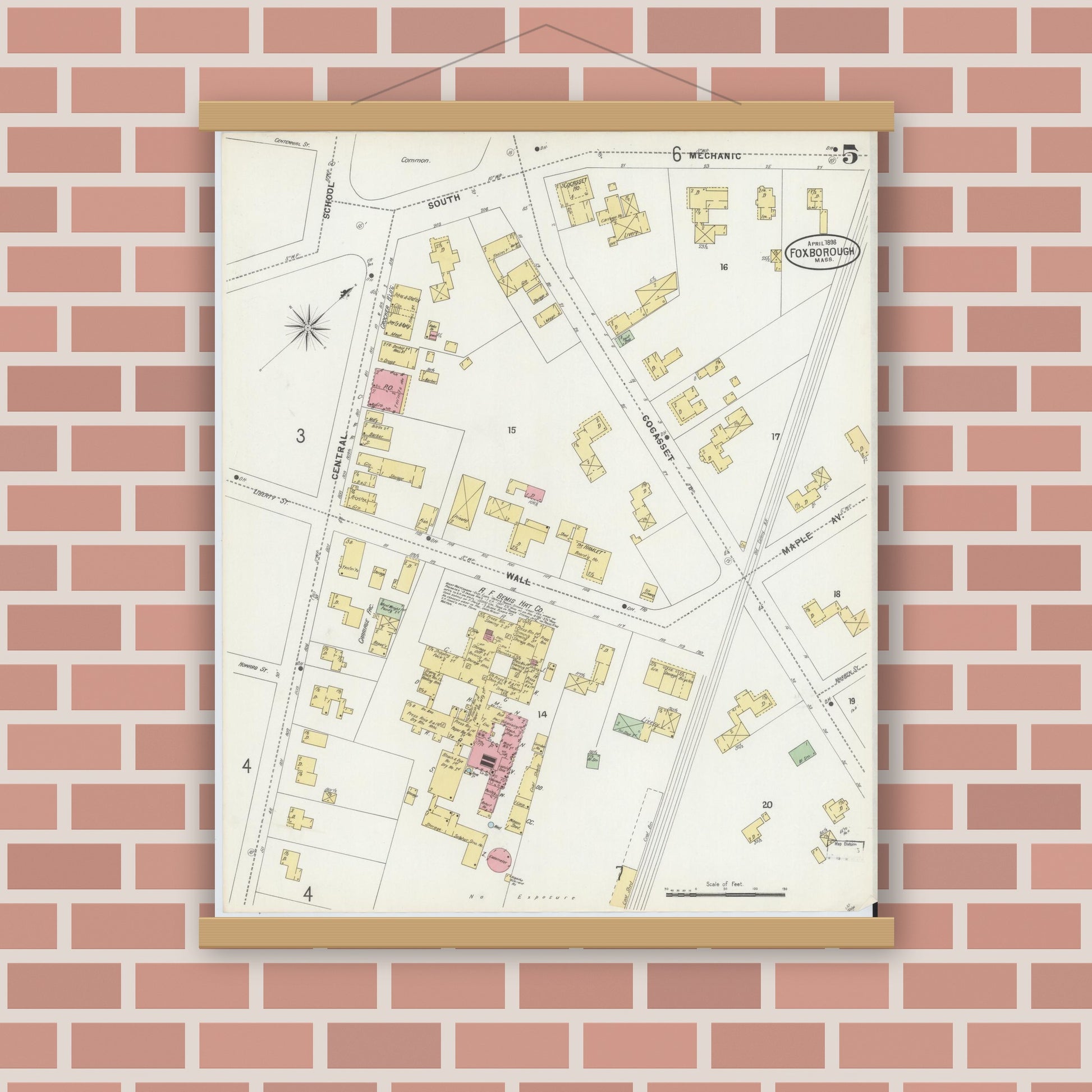 Old map wall art mockup — magnetic wood frame on brick wall — Sanborn Fire Insurance Map from Foxboro, Norfolk County, Massachusetts (1898), Sheet #0005