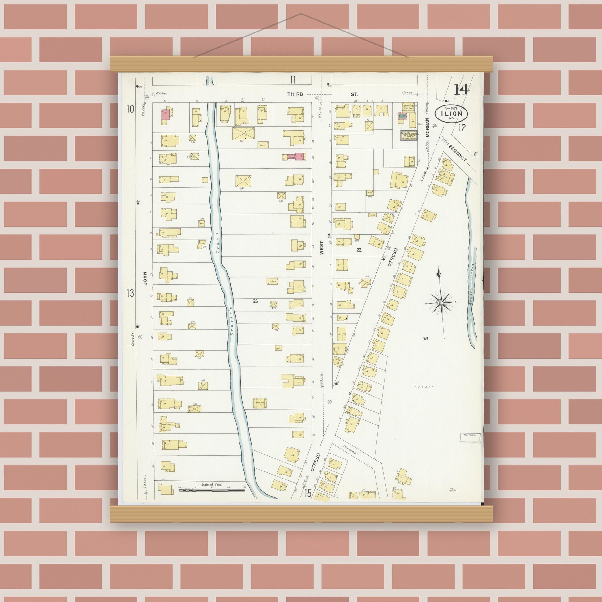 Old map wall art mockup — magnetic wood frame on brick wall — Sanborn Fire Insurance Map from Ilion, Herkimer County, New York (1907), Sheet #0014