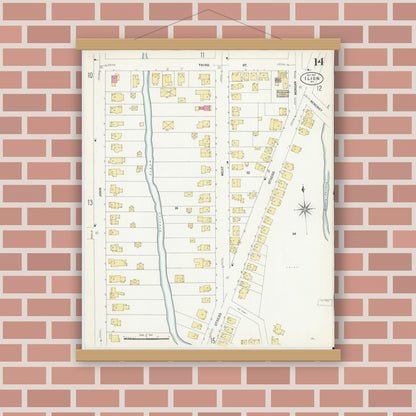 Old map wall art mockup — magnetic wood frame on brick wall — Sanborn Fire Insurance Map from Ilion, Herkimer County, New York (1907), Sheet #0014