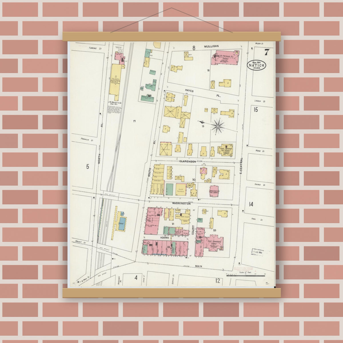 Old map wall art mockup — magnetic wood frame on brick wall — Sanborn Fire Insurance Map from Natick, Middlesex County, Massachusetts (1904), Sheet #0007