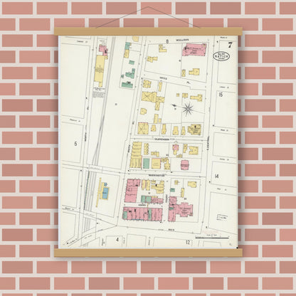 Old map wall art mockup — magnetic wood frame on brick wall — Sanborn Fire Insurance Map from Natick, Middlesex County, Massachusetts (1904), Sheet #0007