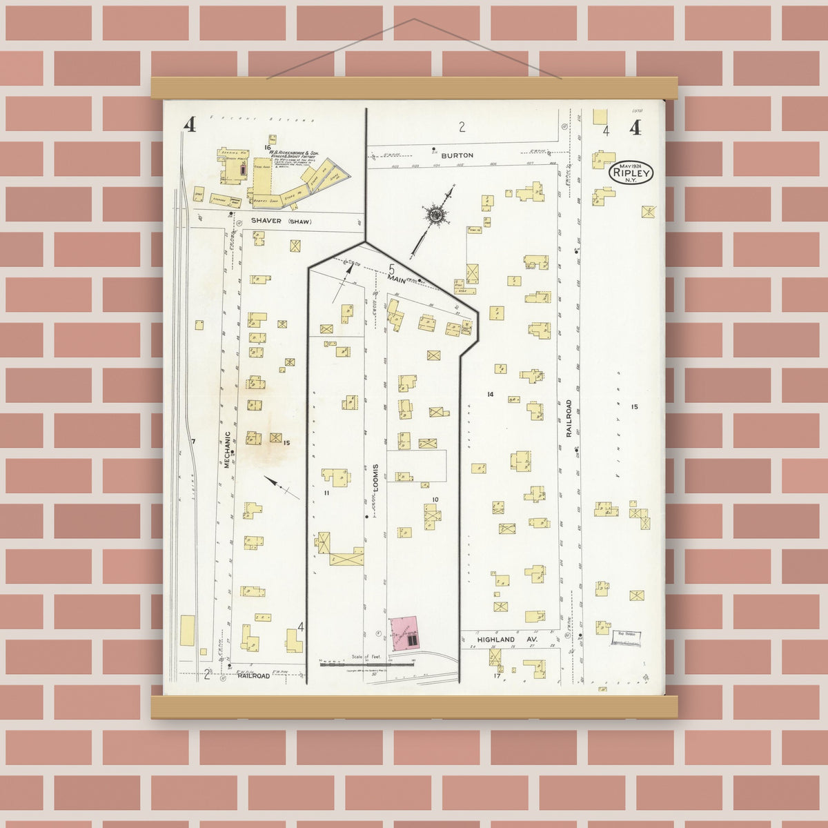 Old map wall art mockup — magnetic wood frame on brick wall — Sanborn Fire Insurance Map from Ripley, Chautauqua County, New York (1924), Sheet #0004