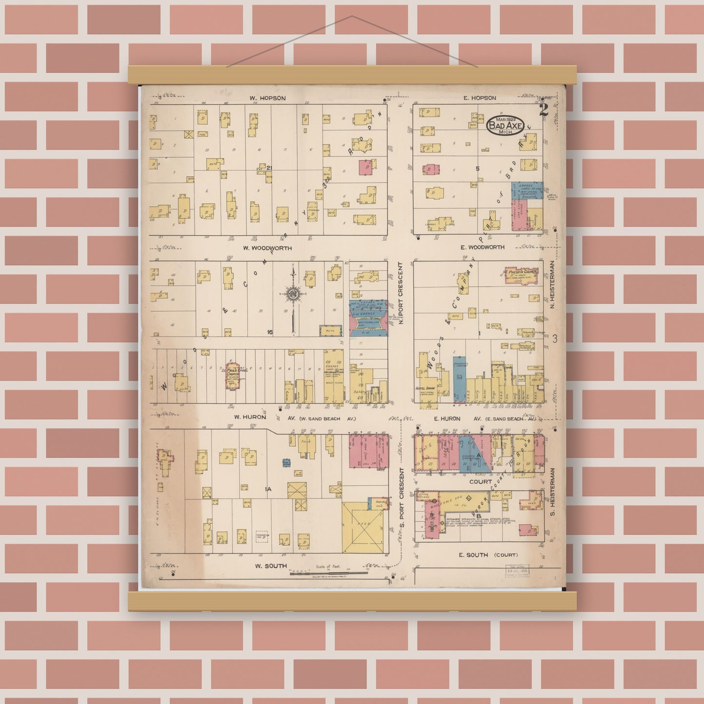 Old map wall art mockup — magnetic wood frame on brick wall — Sanborn Fire Insurance Map from Bad Axe, Huron County, Michigan (1922), Sheet #0002