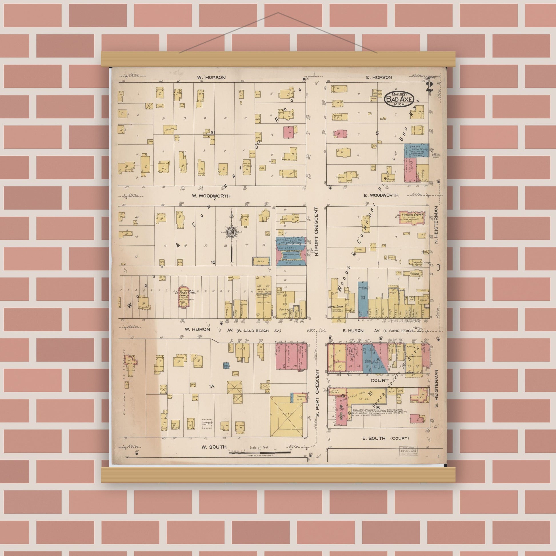 Old map wall art mockup — magnetic wood frame on brick wall — Sanborn Fire Insurance Map from Bad Axe, Huron County, Michigan (1922), Sheet #0002