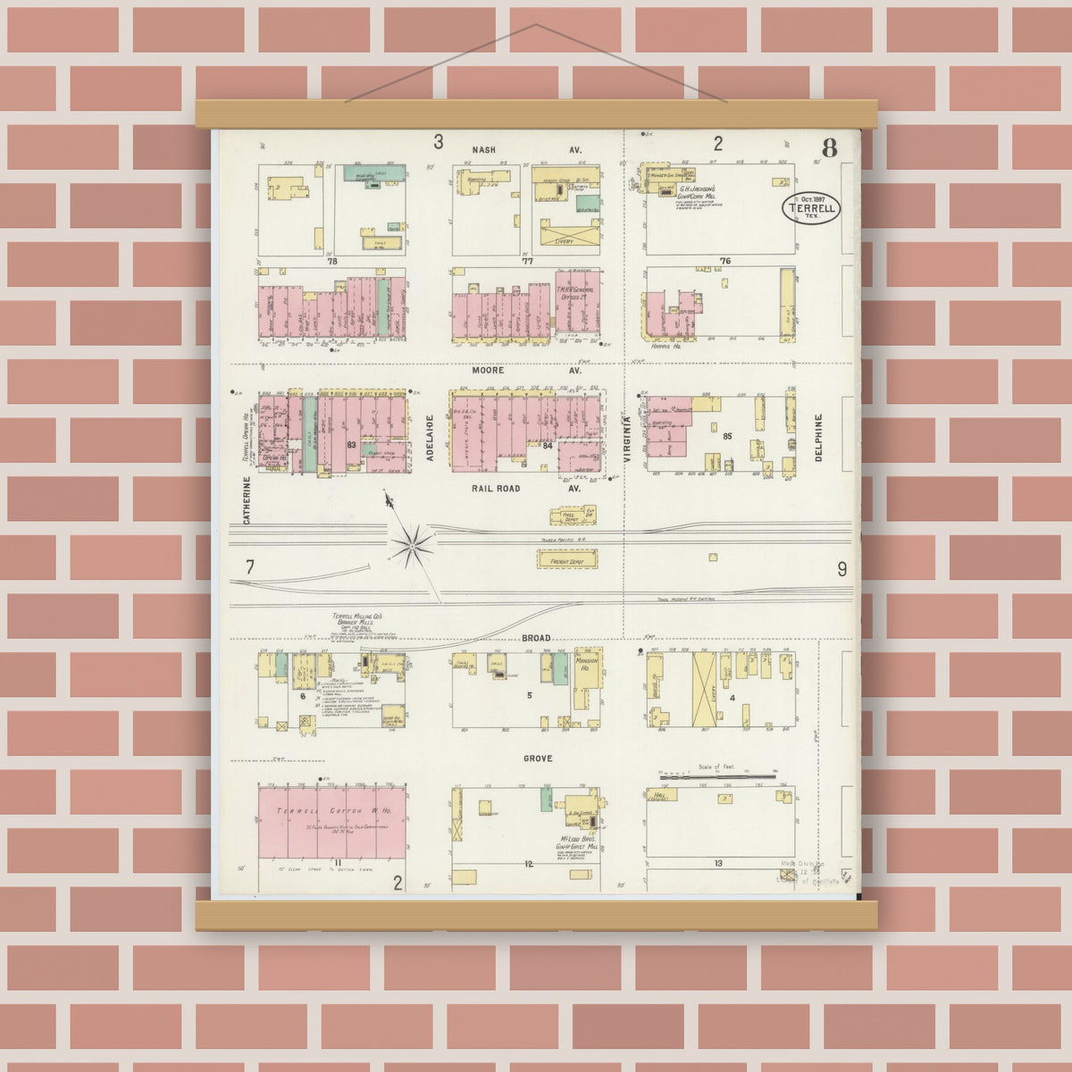 Old map wall art mockup — magnetic wood frame on brick wall — Sanborn Fire Insurance Map from Terrell, Kaufman County, Texas (1897), Sheet #0008
