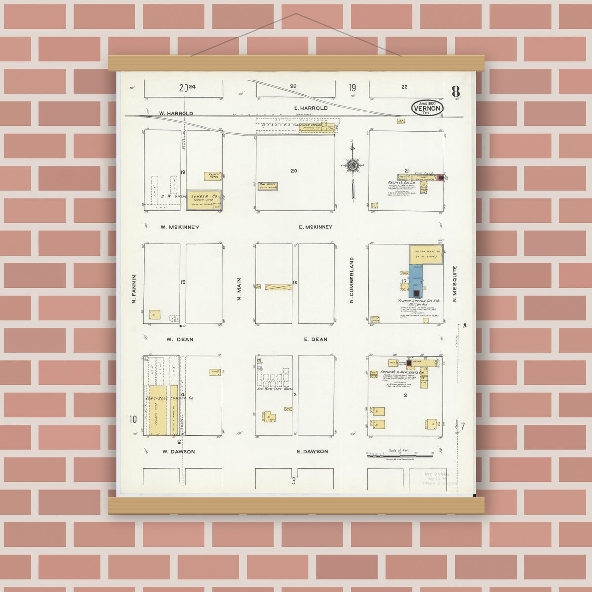 Old map wall art mockup — magnetic wood frame on brick wall — Sanborn Fire Insurance Map from Vernon, Wilbarger County, Texas (1920), Sheet #0008