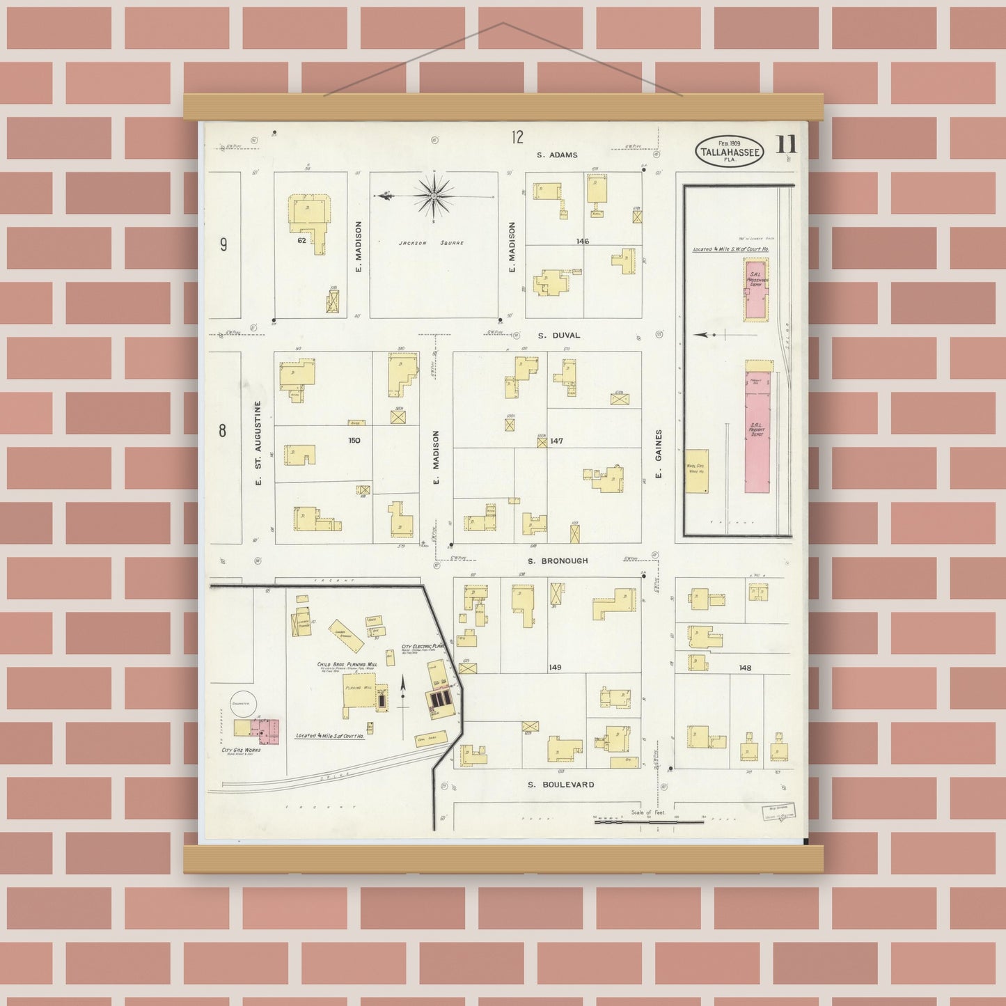 Old map wall art mockup — magnetic wood frame on brick wall — Sanborn Fire Insurance Map from Tallahassee, Leon County, Florida (1909), Sheet #0011