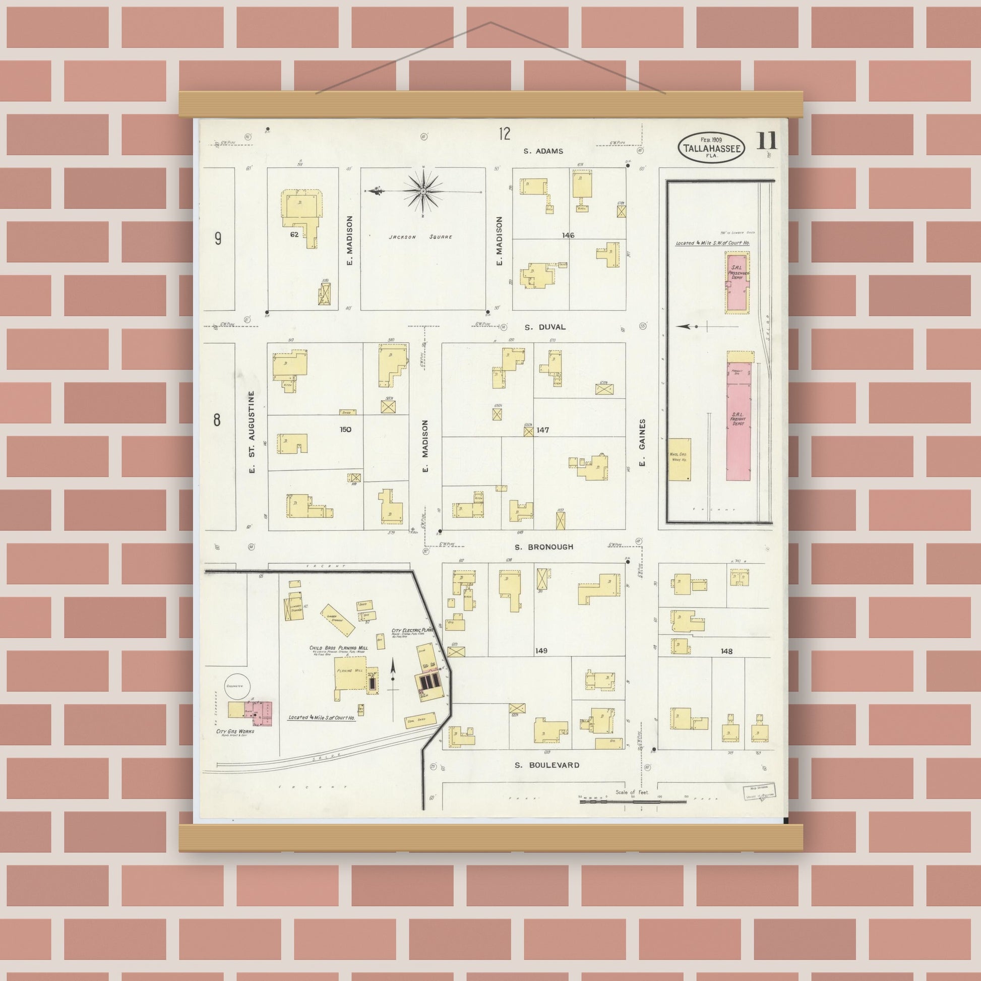 Old map wall art mockup — magnetic wood frame on brick wall — Sanborn Fire Insurance Map from Tallahassee, Leon County, Florida (1909), Sheet #0011
