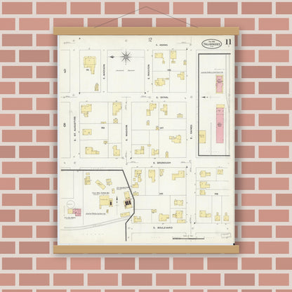 Old map wall art mockup — magnetic wood frame on brick wall — Sanborn Fire Insurance Map from Tallahassee, Leon County, Florida (1909), Sheet #0011