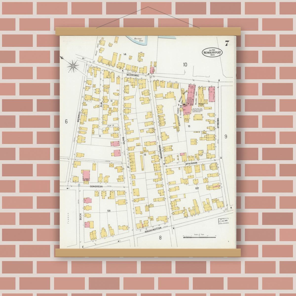 Old map wall art mockup — magnetic wood frame on brick wall — Sanborn Fire Insurance Map from Newburyport, Essex County, Massachusetts (1900), Sheet #0007