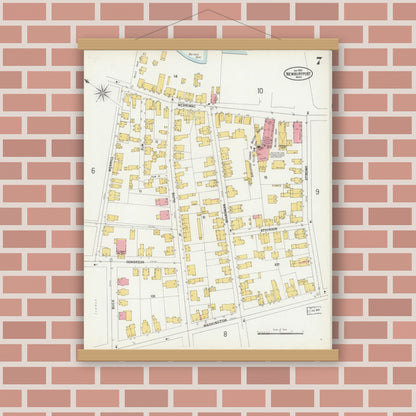 Old map wall art mockup — magnetic wood frame on brick wall — Sanborn Fire Insurance Map from Newburyport, Essex County, Massachusetts (1900), Sheet #0007