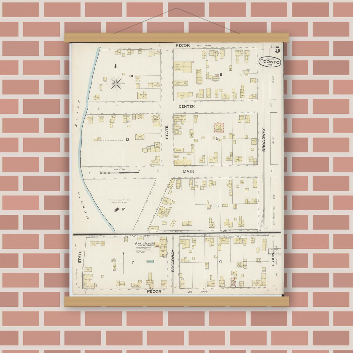 Old map wall art mockup — magnetic wood frame on brick wall — Sanborn Fire Insurance Map from Oconto, Oconto County, Wisconsin (1887), Sheet #0005