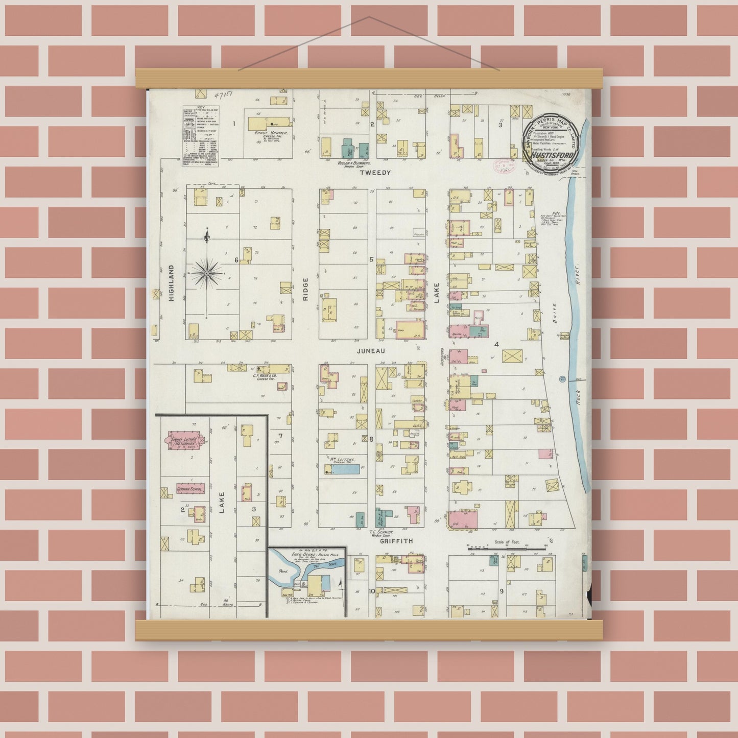 Old map wall art mockup — magnetic wood frame on brick wall — Sanborn Fire Insurance Map from Hustisford, Dodge County, Wisconsin (1894), Sheet #0001