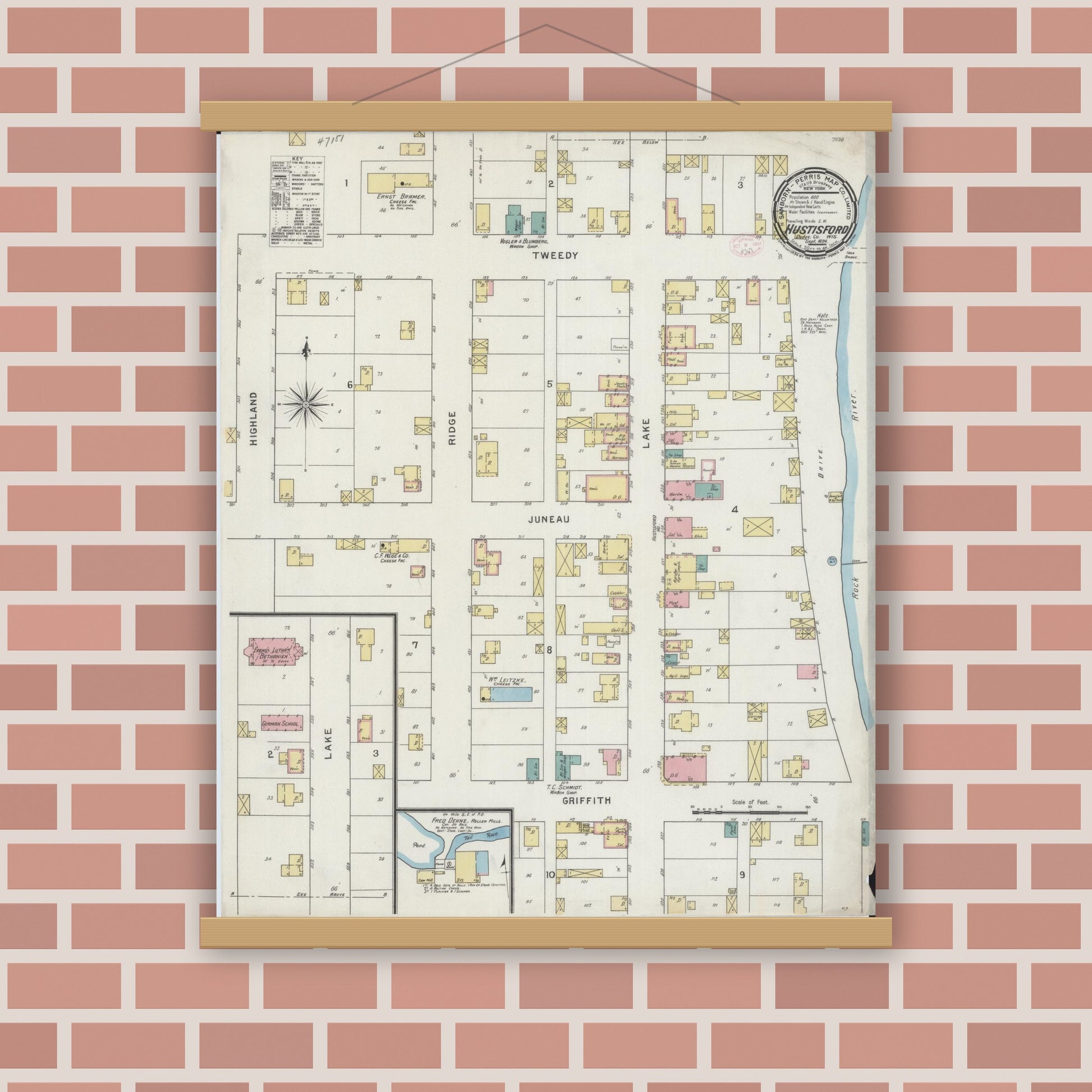 Old map wall art mockup — magnetic wood frame on brick wall — Sanborn Fire Insurance Map from Hustisford, Dodge County, Wisconsin (1894), Sheet #0001