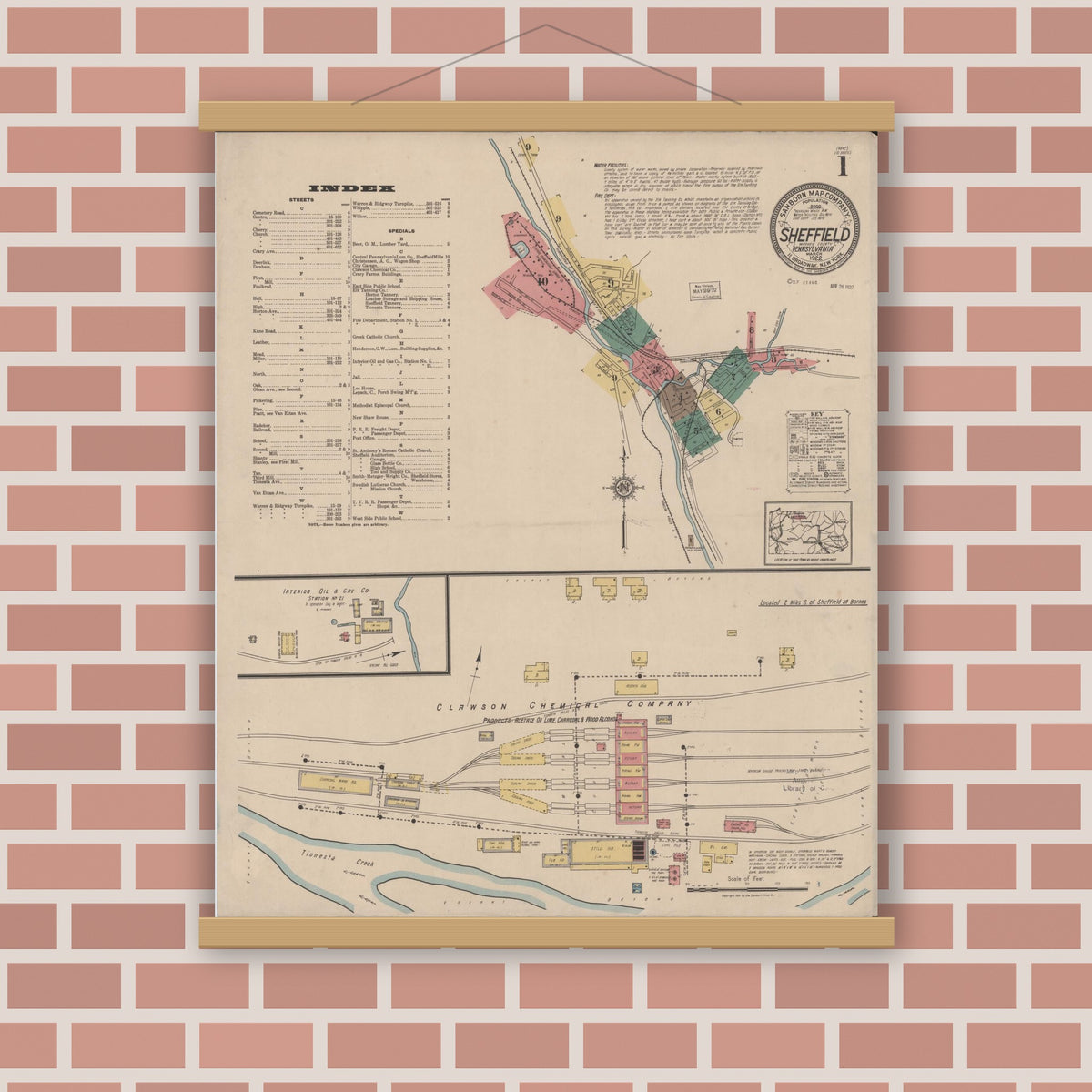 Old map wall art mockup — magnetic wood frame on brick wall — Sanborn Fire Insurance Map from Sheffield, Warren County, Pennsylvania (1922), Sheet #0001