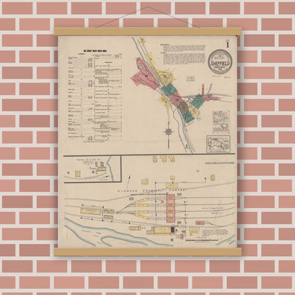 Old map wall art mockup — magnetic wood frame on brick wall — Sanborn Fire Insurance Map from Sheffield, Warren County, Pennsylvania (1922), Sheet #0001