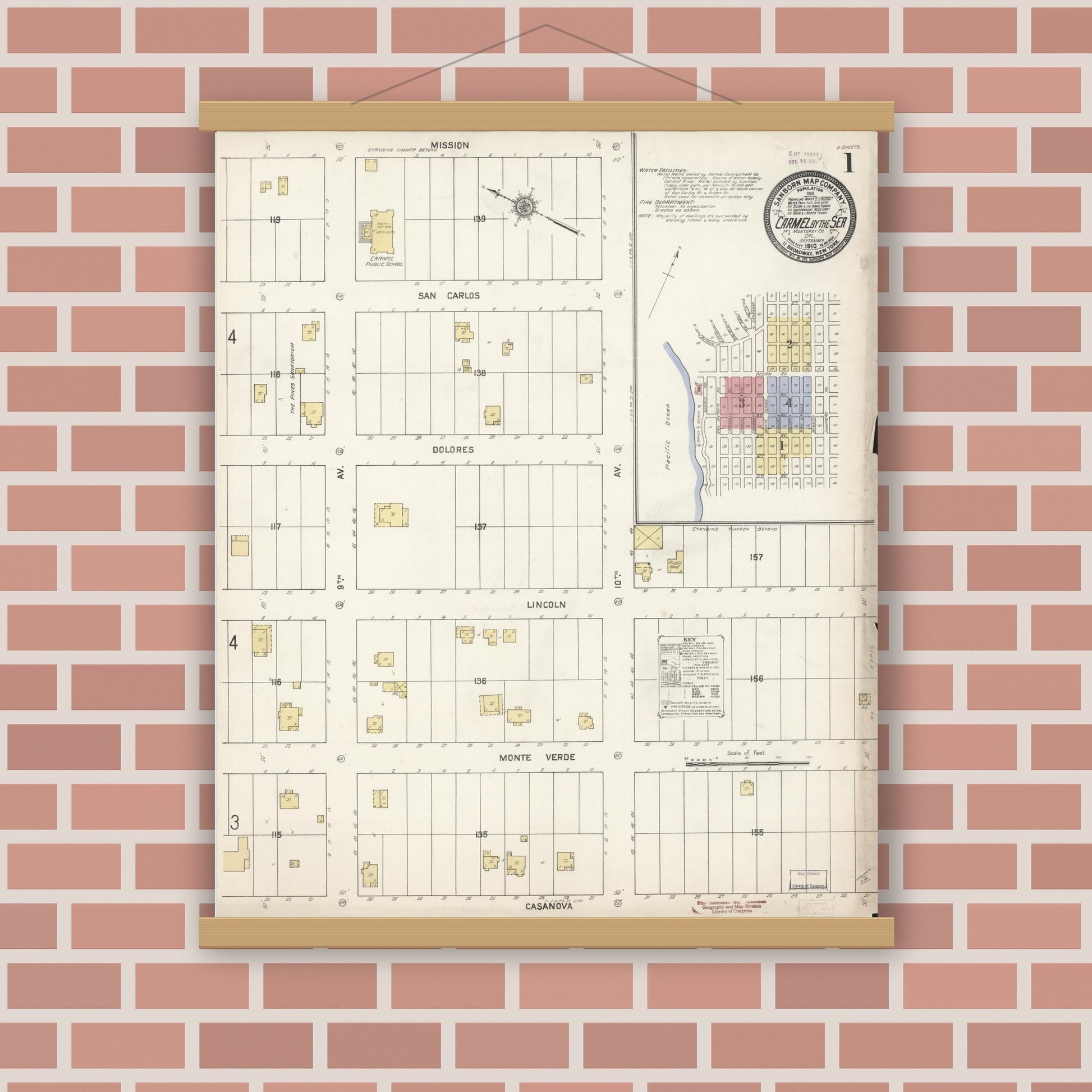 Old map wall art mockup — magnetic wood frame on brick wall — Sanborn Fire Insurance Map from Carmel By The Sea, Monterey County, California (1910), Sheet #0001