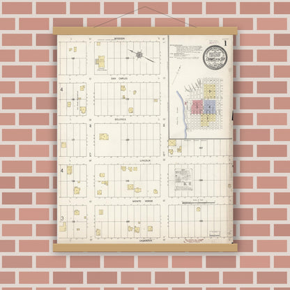 Old map wall art mockup — magnetic wood frame on brick wall — Sanborn Fire Insurance Map from Carmel By The Sea, Monterey County, California (1910), Sheet #0001