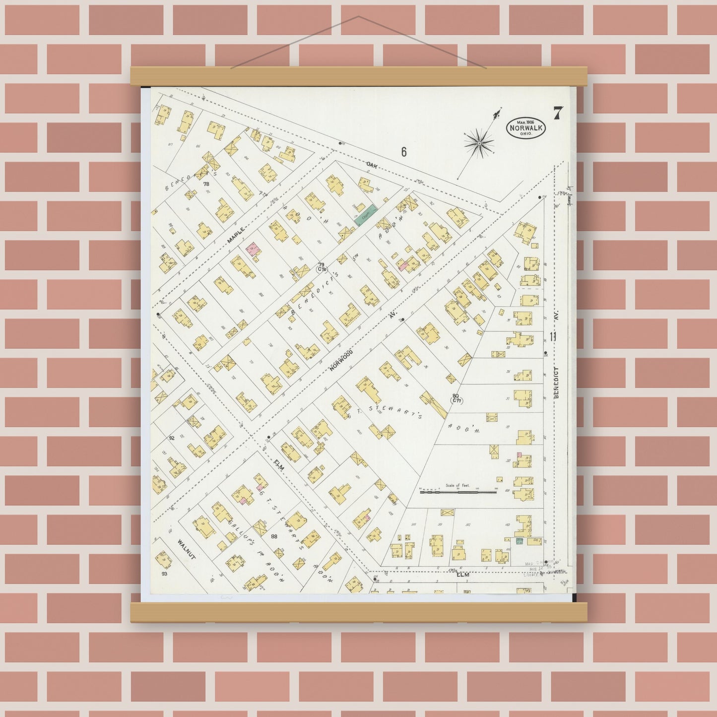Old map wall art mockup — magnetic wood frame on brick wall — Sanborn Fire Insurance Map from Norwalk, Huron County, Ohio (1906), Sheet #0007