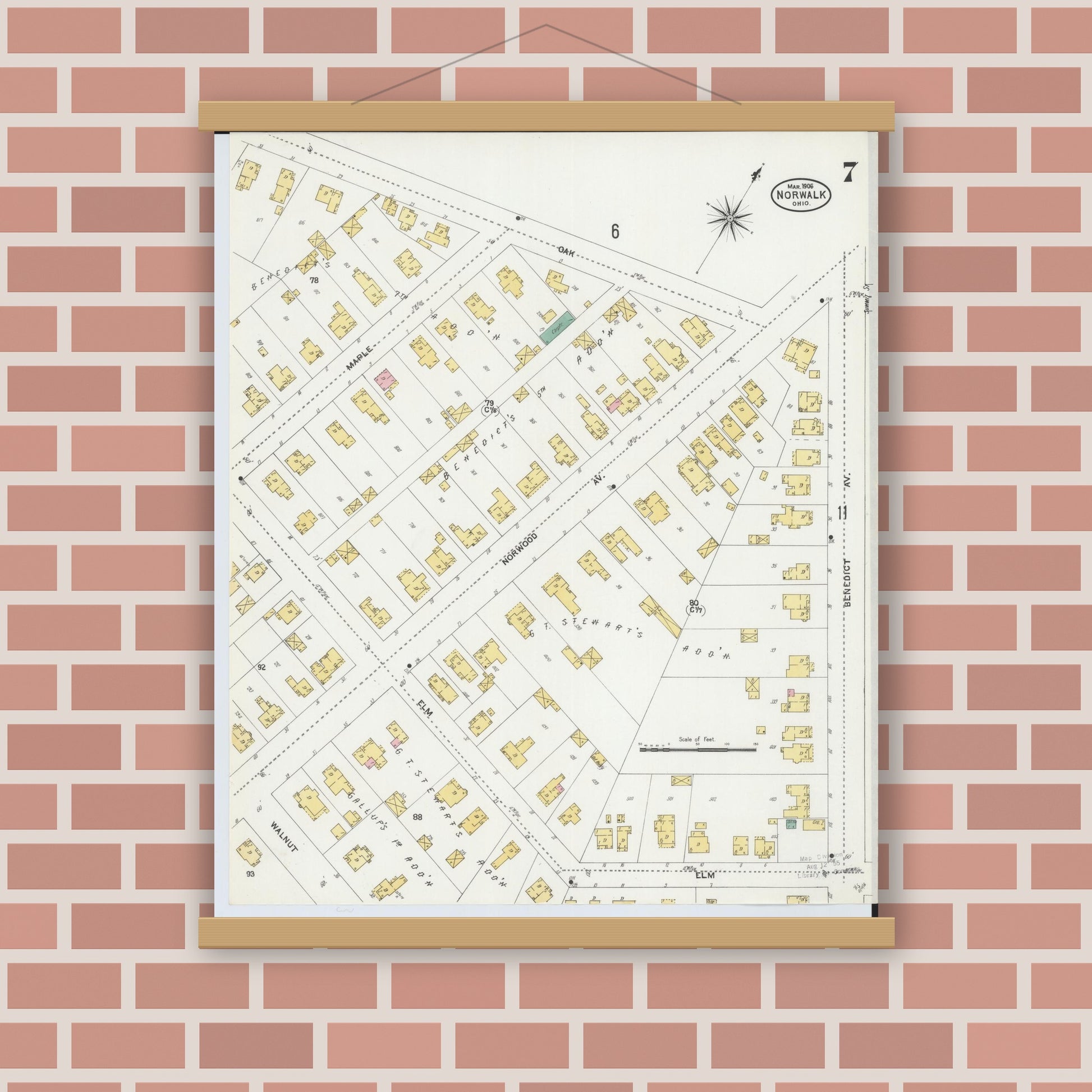 Old map wall art mockup — magnetic wood frame on brick wall — Sanborn Fire Insurance Map from Norwalk, Huron County, Ohio (1906), Sheet #0007
