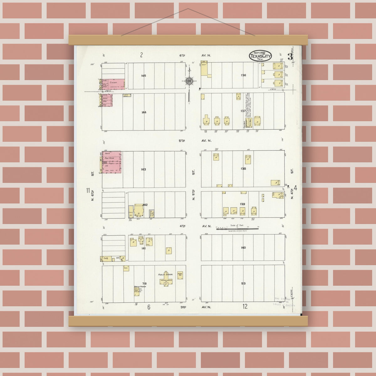 Old map wall art mockup — magnetic wood frame on brick wall — Sanborn Fire Insurance Map from Texas City, Galveston County, Texas (1920), Sheet #0003