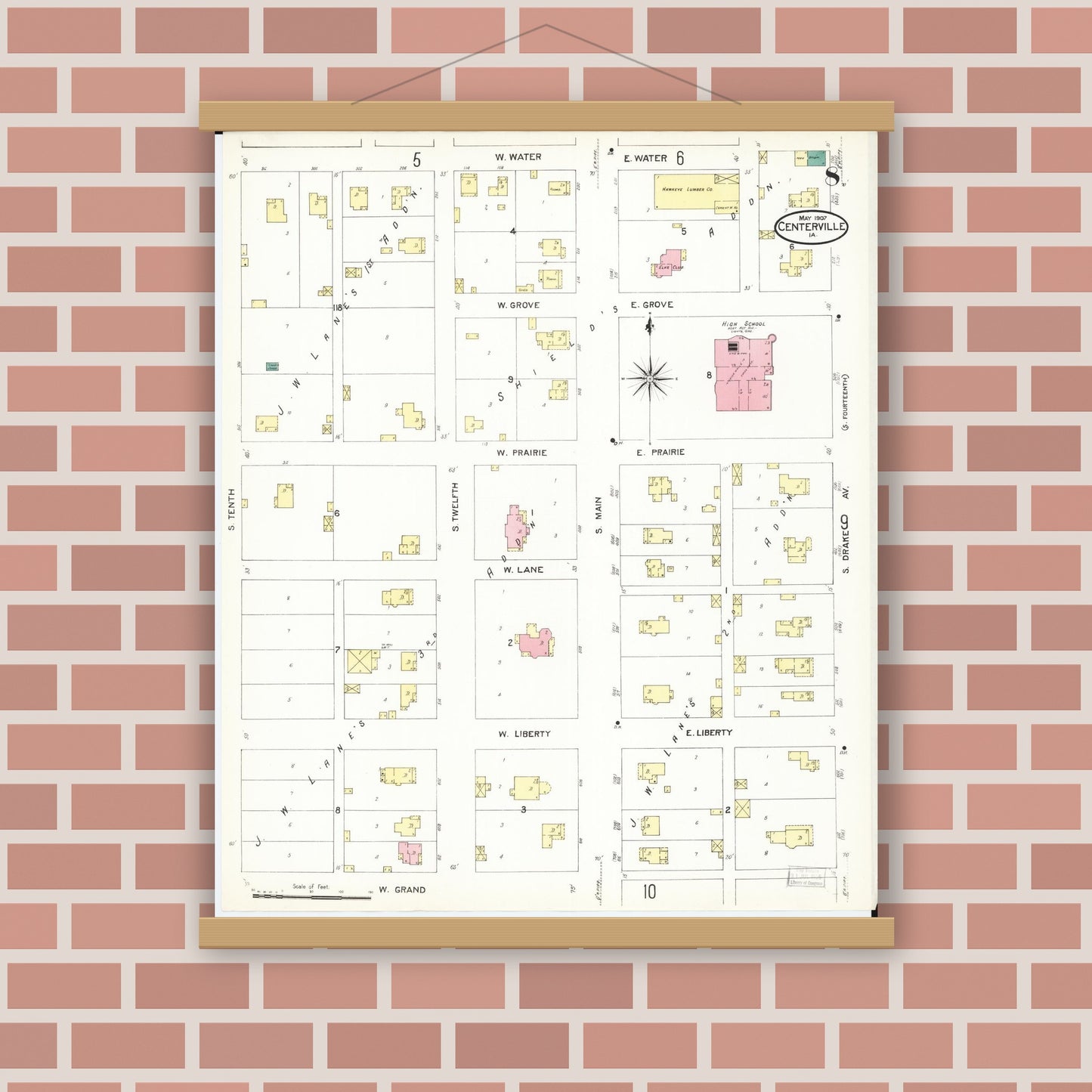 Old map wall art mockup — magnetic wood frame on brick wall — Sanborn Fire Insurance Map from Centerville, Appanoose County, Iowa (1907), Sheet #0008