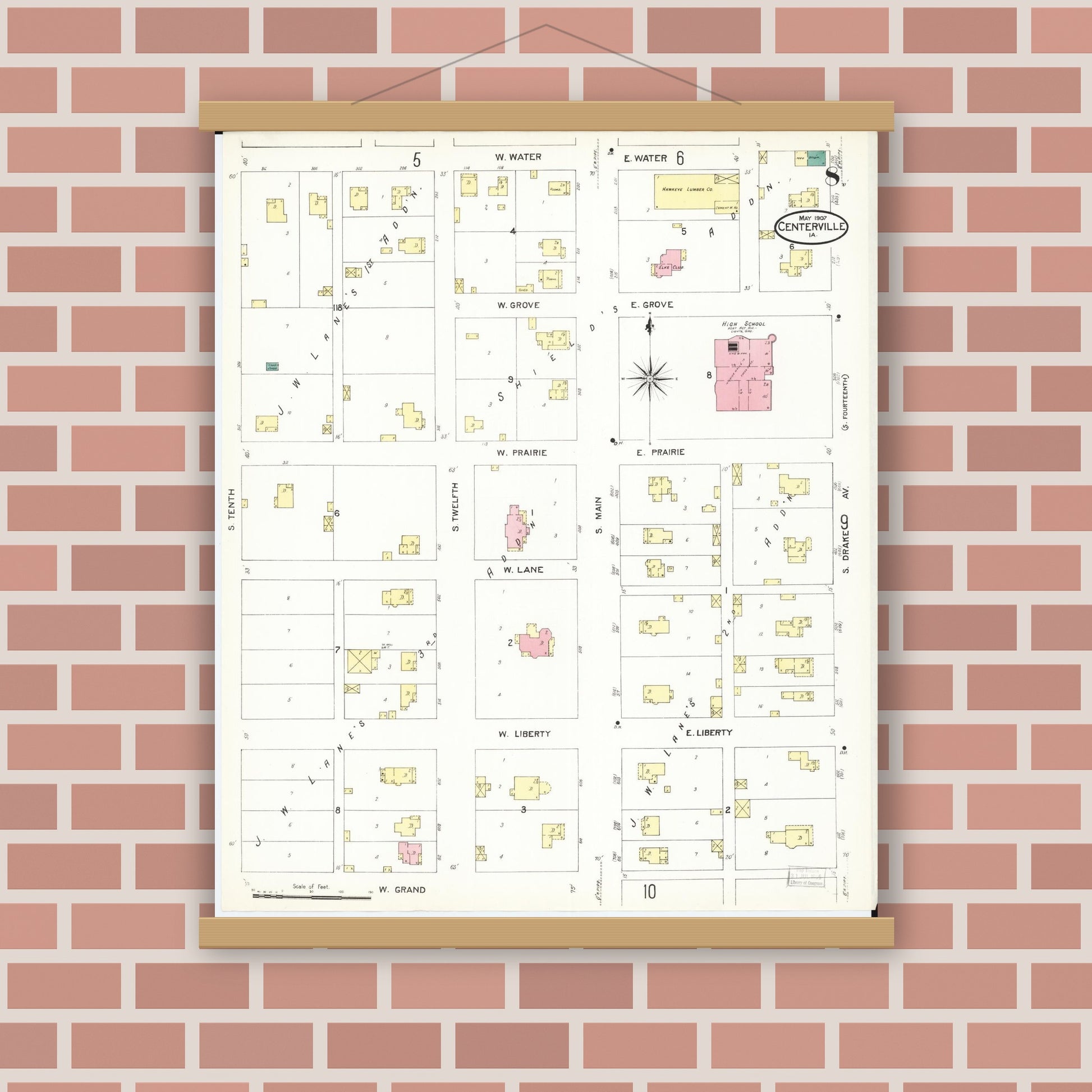 Old map wall art mockup — magnetic wood frame on brick wall — Sanborn Fire Insurance Map from Centerville, Appanoose County, Iowa (1907), Sheet #0008