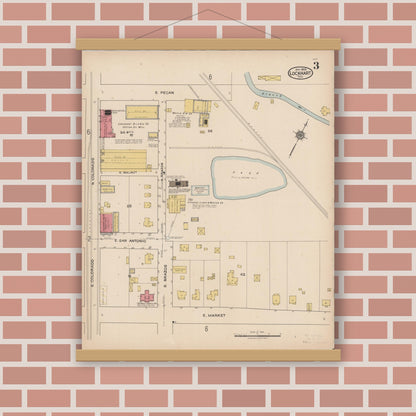 Old map wall art mockup — magnetic wood frame on brick wall — Sanborn Fire Insurance Map from Lockhart, Caldwell County, Texas (1922), Sheet #0003
