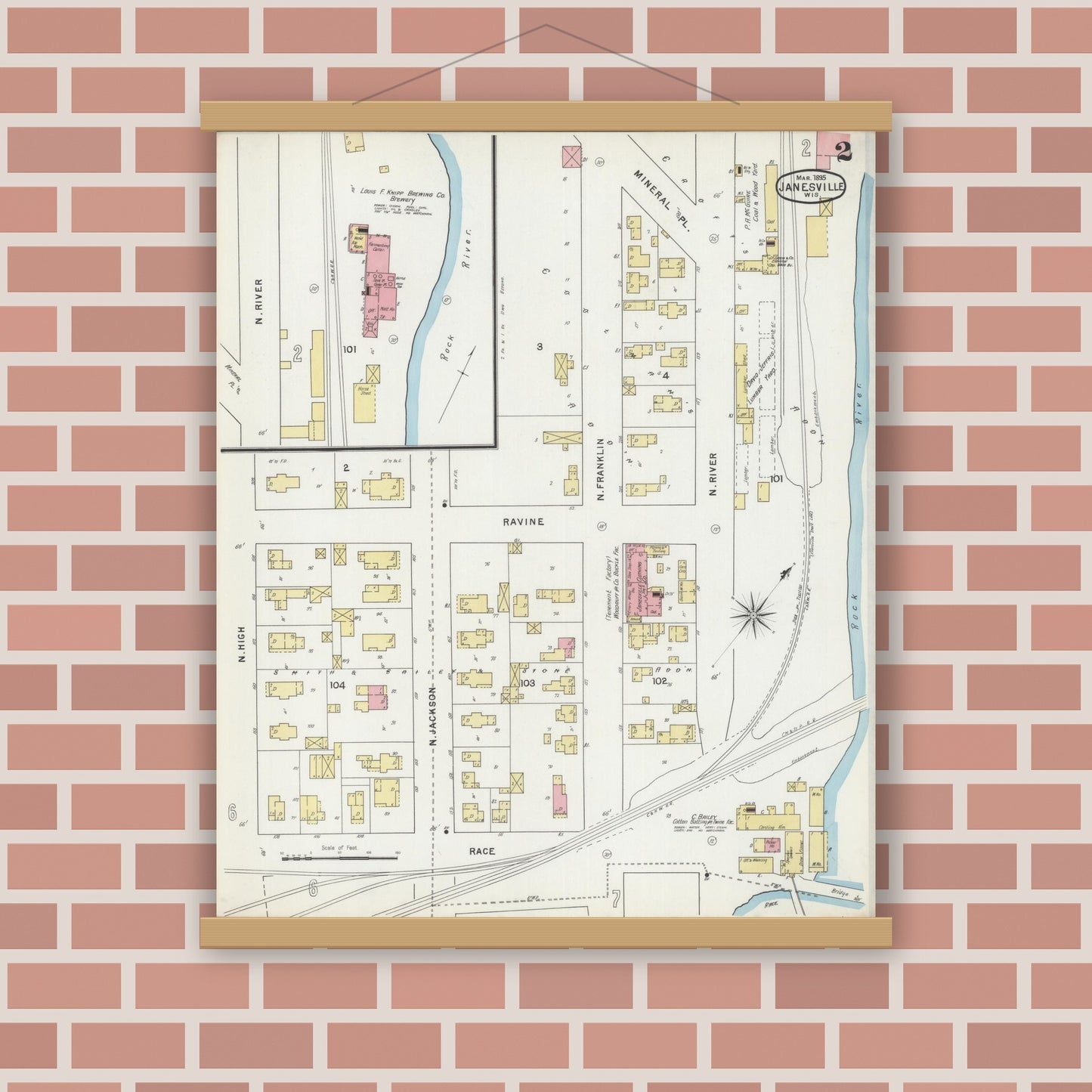 Old map wall art mockup — magnetic wood frame on brick wall — Sanborn Fire Insurance Map from Janesville, Rock County, Wisconsin (1895), Sheet #0002
