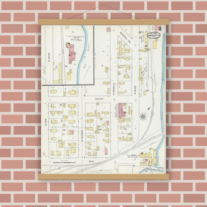 Old map wall art mockup — magnetic wood frame on brick wall — Sanborn Fire Insurance Map from Janesville, Rock County, Wisconsin (1895), Sheet #0002