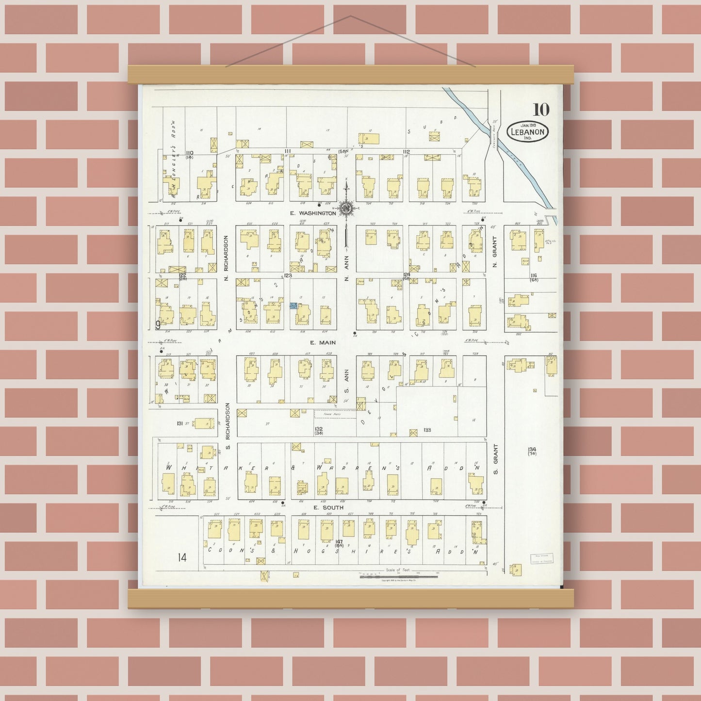 Old map wall art mockup — magnetic wood frame on brick wall — Sanborn Fire Insurance Map from Lebanon, Boone County, Indiana (1919), Sheet #0010