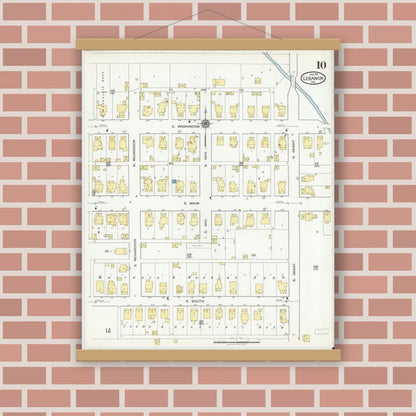 Old map wall art mockup — magnetic wood frame on brick wall — Sanborn Fire Insurance Map from Lebanon, Boone County, Indiana (1919), Sheet #0010