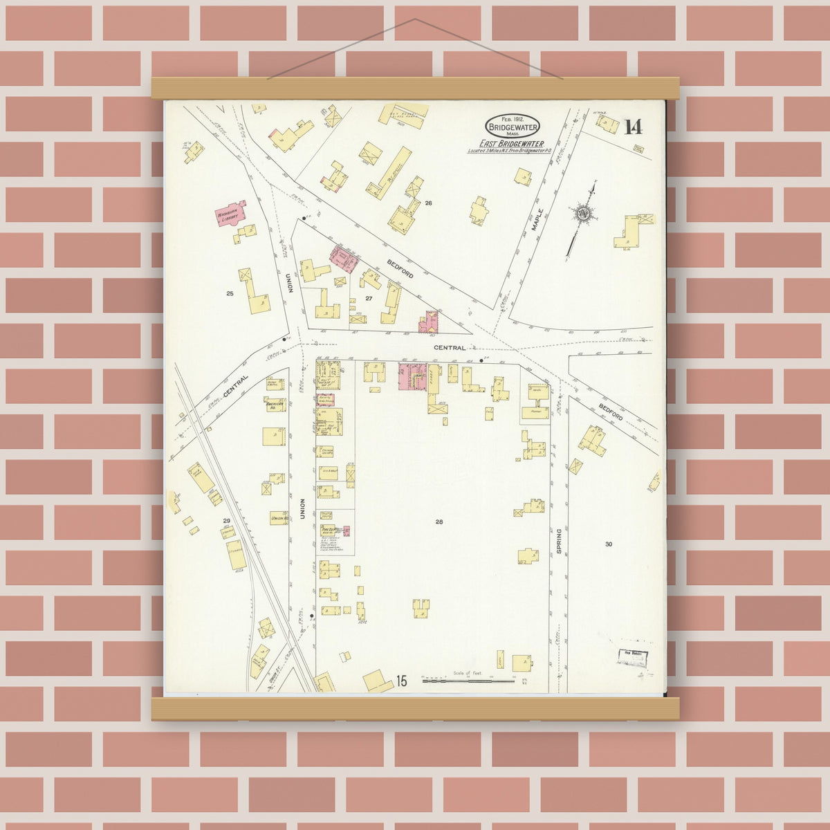 Old map wall art mockup — magnetic wood frame on brick wall — Sanborn Fire Insurance Map from Bridgewater, Plymouth County, Massachusetts (1912), Sheet #0014