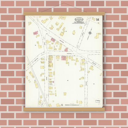 Old map wall art mockup — magnetic wood frame on brick wall — Sanborn Fire Insurance Map from Bridgewater, Plymouth County, Massachusetts (1912), Sheet #0014