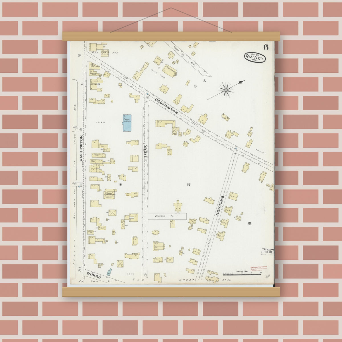 Old map wall art mockup — magnetic wood frame on brick wall — Sanborn Fire Insurance Map from Quincy, Norfolk County, Massachusetts (1891), Sheet #0006