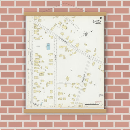 Old map wall art mockup — magnetic wood frame on brick wall — Sanborn Fire Insurance Map from Quincy, Norfolk County, Massachusetts (1891), Sheet #0006