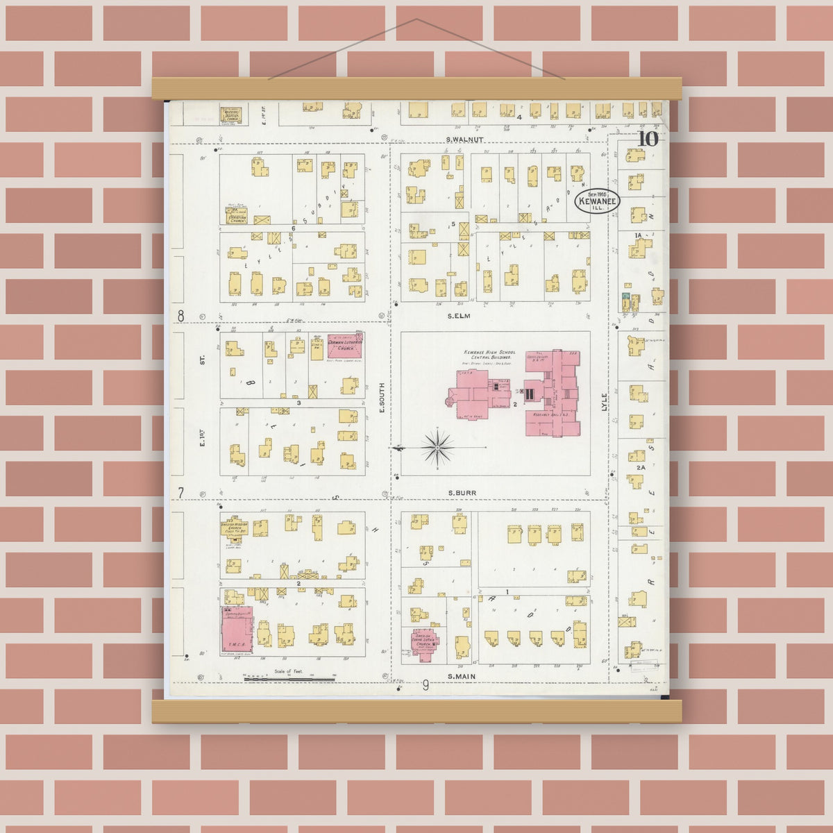 Old map wall art mockup — magnetic wood frame on brick wall — Sanborn Fire Insurance Map from Kewanee, Henry County, Illinois (1905), Sheet #0010