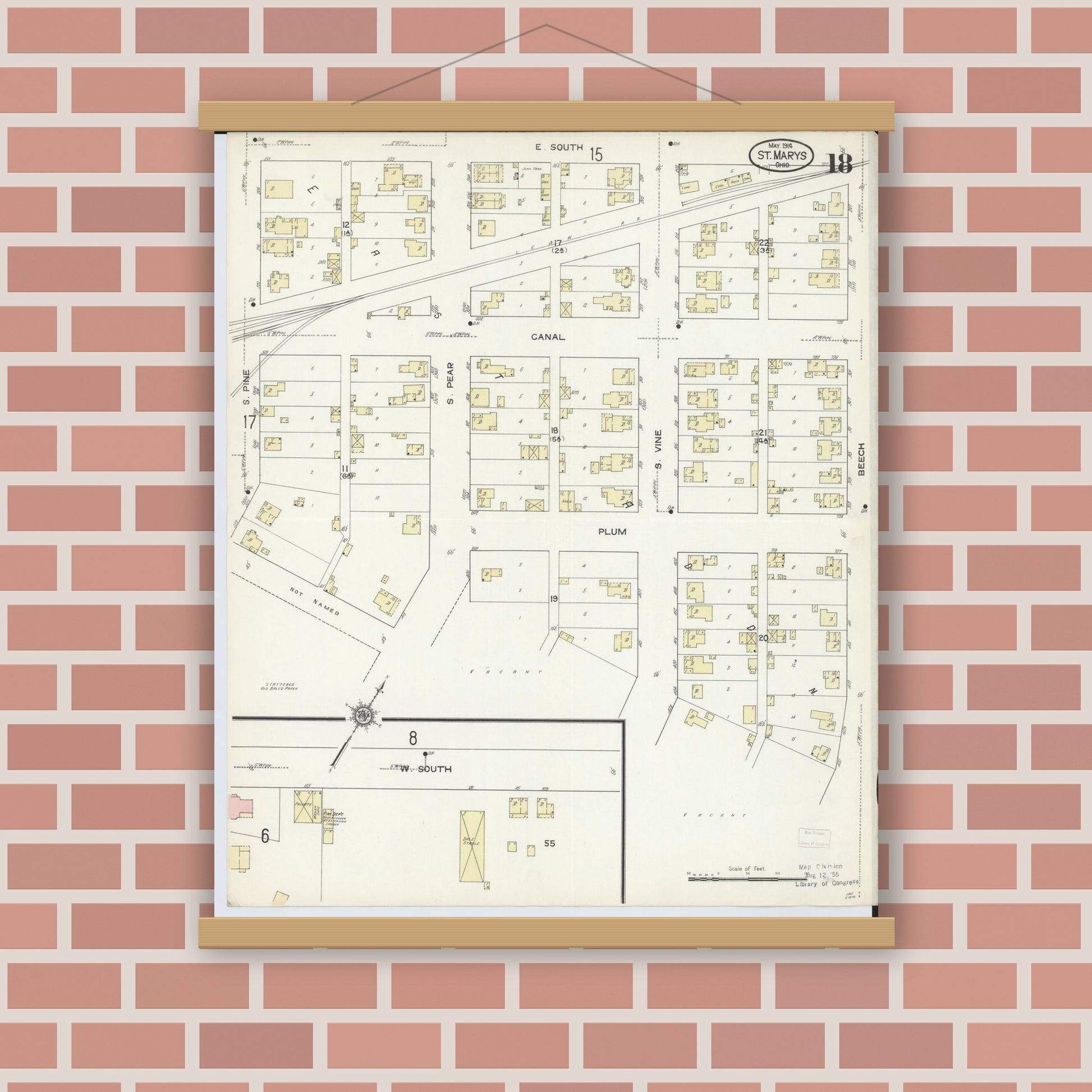 Old map wall art mockup — magnetic wood frame on brick wall — Sanborn Fire Insurance Map from Saint Marys, Auglaize County, Ohio (1914), Sheet #0018