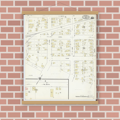 Old map wall art mockup — magnetic wood frame on brick wall — Sanborn Fire Insurance Map from Saint Marys, Auglaize County, Ohio (1914), Sheet #0018