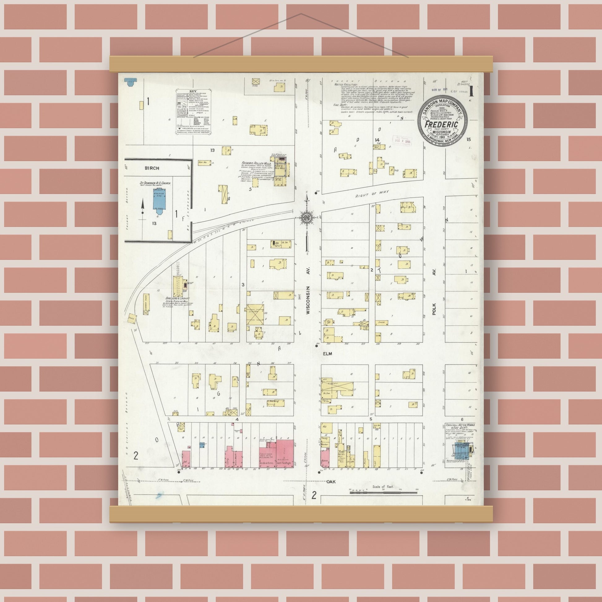 Old map wall art mockup — magnetic wood frame on brick wall — Sanborn Fire Insurance Map from Frederic, Polk County, Wisconsin (1911), Sheet #0001