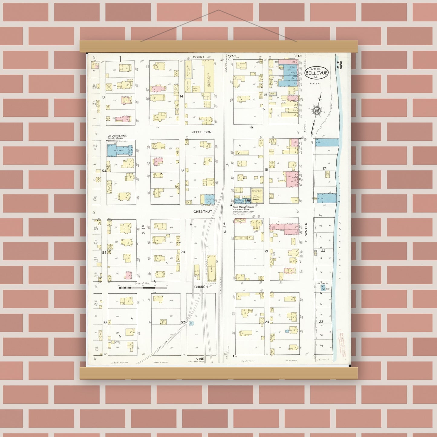 Old map wall art mockup — magnetic wood frame on brick wall — Sanborn Fire Insurance Map from Bellevue, Jackson County, Iowa (1914), Sheet #0003