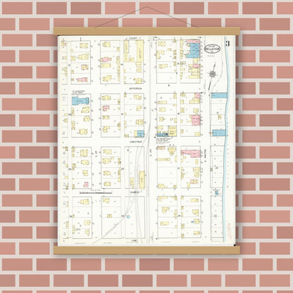 Old map wall art mockup — magnetic wood frame on brick wall — Sanborn Fire Insurance Map from Bellevue, Jackson County, Iowa (1914), Sheet #0003