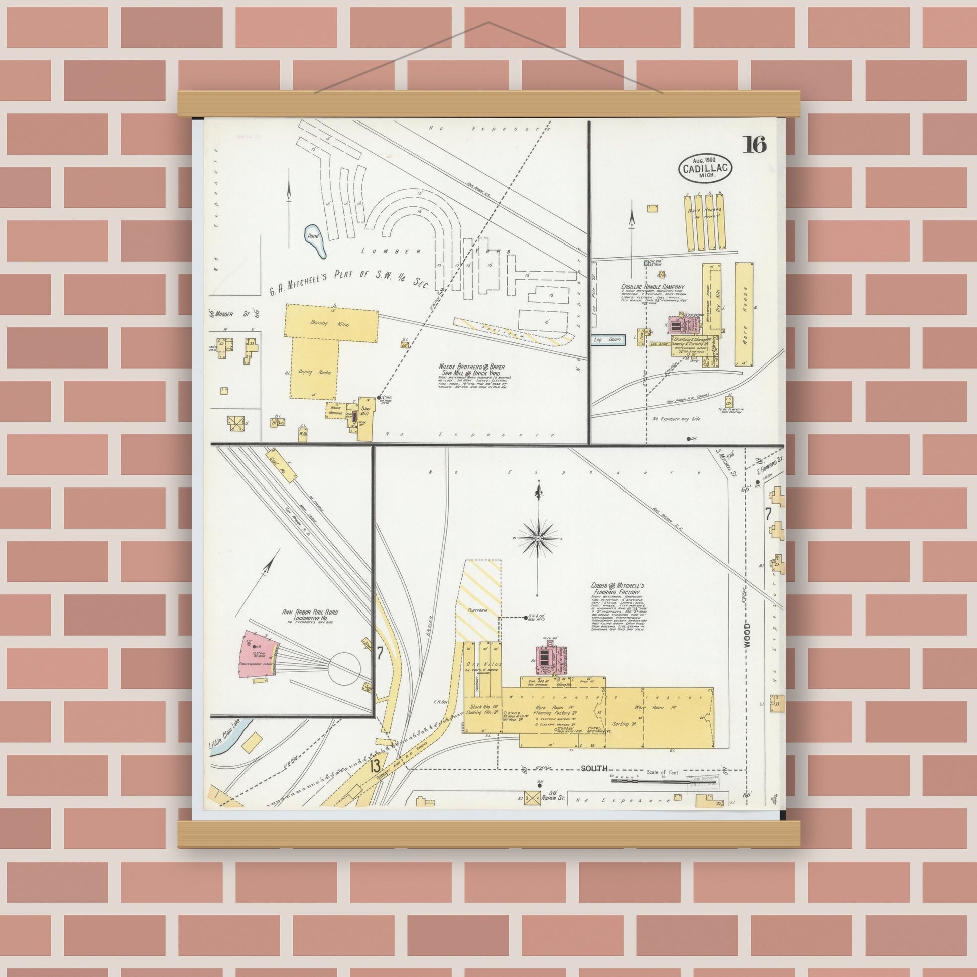Old map wall art mockup — magnetic wood frame on brick wall — Sanborn Fire Insurance Map from Cadillac, Wexford County, Michigan (1900), Sheet #0016