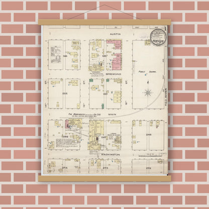 Old map wall art mockup — magnetic wood frame on brick wall — Sanborn Fire Insurance Map from Hempstead, Waller County, Texas (1885) - Complete Map Set