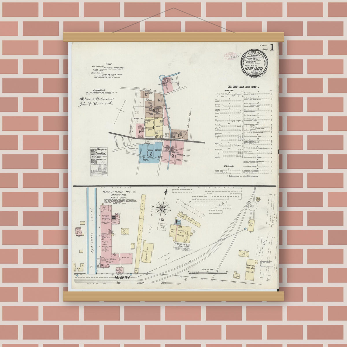 Old map wall art mockup — magnetic wood frame on brick wall — Sanborn Fire Insurance Map from Herkimer, Herkimer County, New York (1890) - Complete Map Set