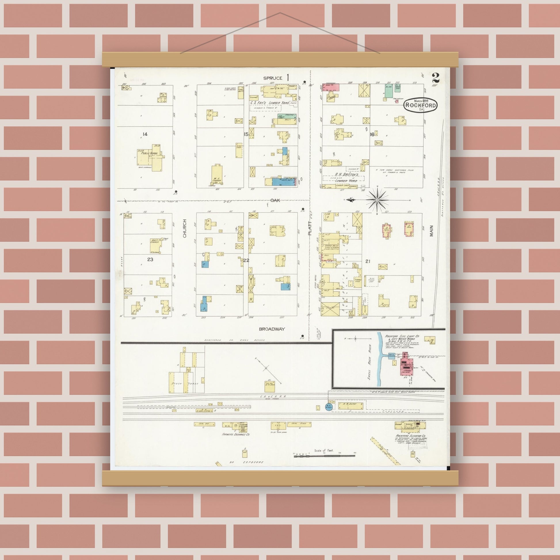 Old map wall art mockup — magnetic wood frame on brick wall — Sanborn Fire Insurance Map from Rockford, Floyd County, Iowa (1899), Sheet #0002
