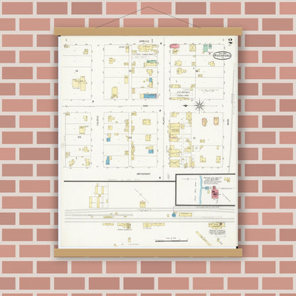 Old map wall art mockup — magnetic wood frame on brick wall — Sanborn Fire Insurance Map from Rockford, Floyd County, Iowa (1899), Sheet #0002